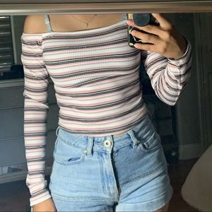 Pink black and white xs over the shoulder crop top